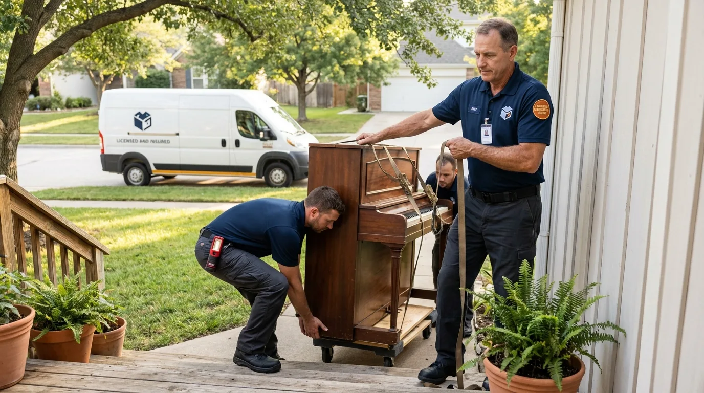 Licensed piano movers securing grand piano in Saint Albans, VT