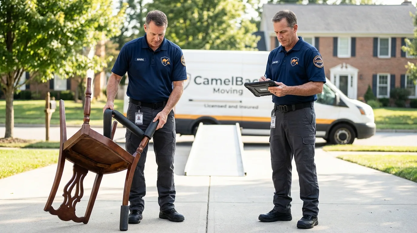 Movers inspecting furniture for damage prevention before loading in Saint Albans, VT