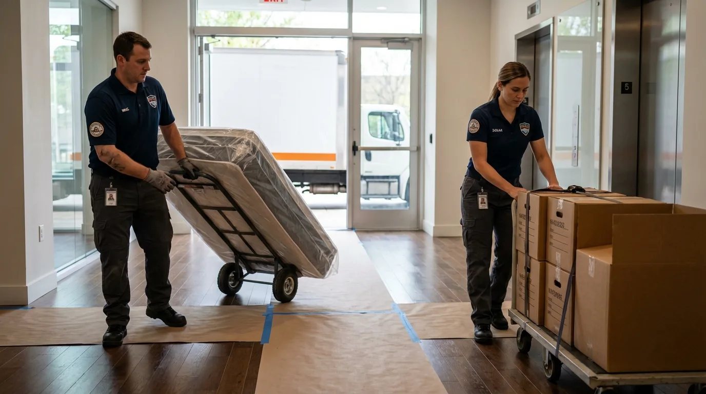 Professional apartment movers loading elevator in Saint Albans, VT