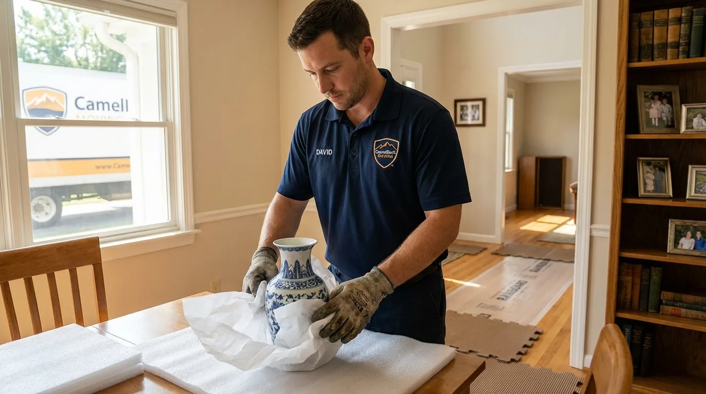 Professional crew carefully wrapping antique vase for senior downsizing move in Saint Albans, VT