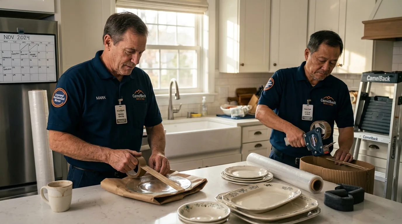 Professional crew packing kitchen dishware in Saint Albans, VT